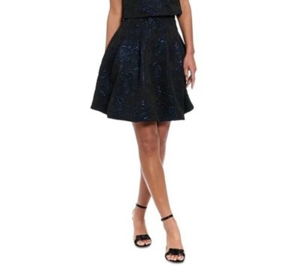 Muse Textured-Rose Pleated Bubble-Hem Skirt Women's 4 Black/Navy Zip Closure